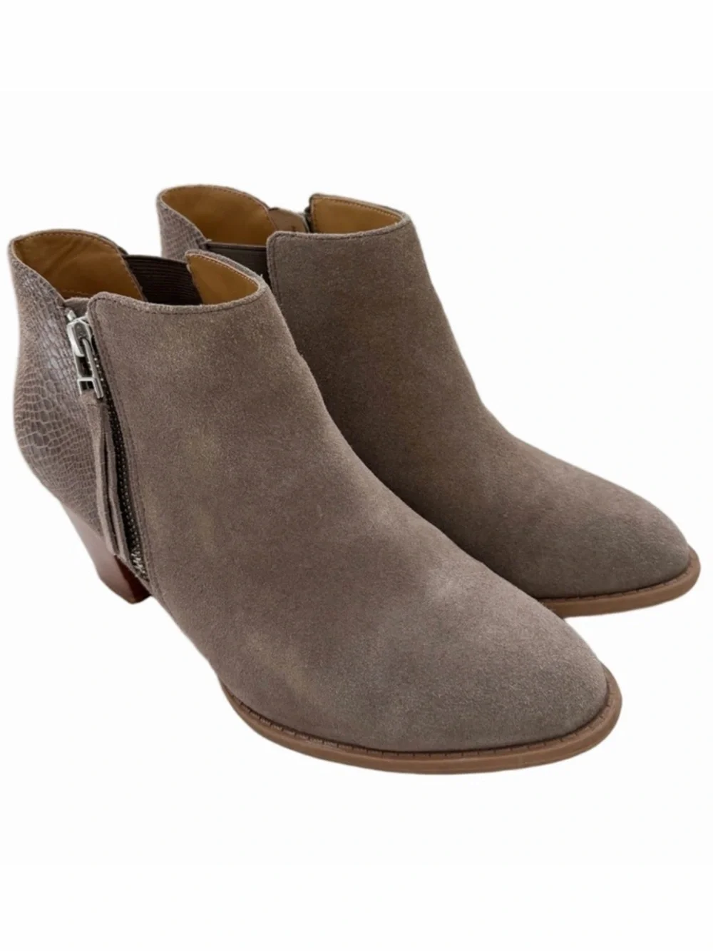 Vionic Anne Taupe Griege Suede Size 7.5 WIDE Snake Embossed Heel Ankle Booties